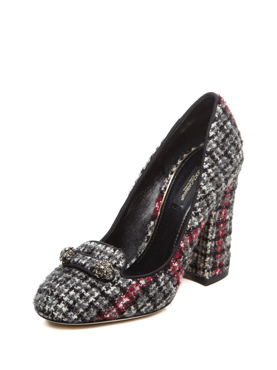 Dolce&Gabbana 灰白红三色格纹粗高跟鞋