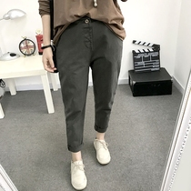 Autumn new one button elastic waist solid color high waist cotton Haren pants trousers casual pants women