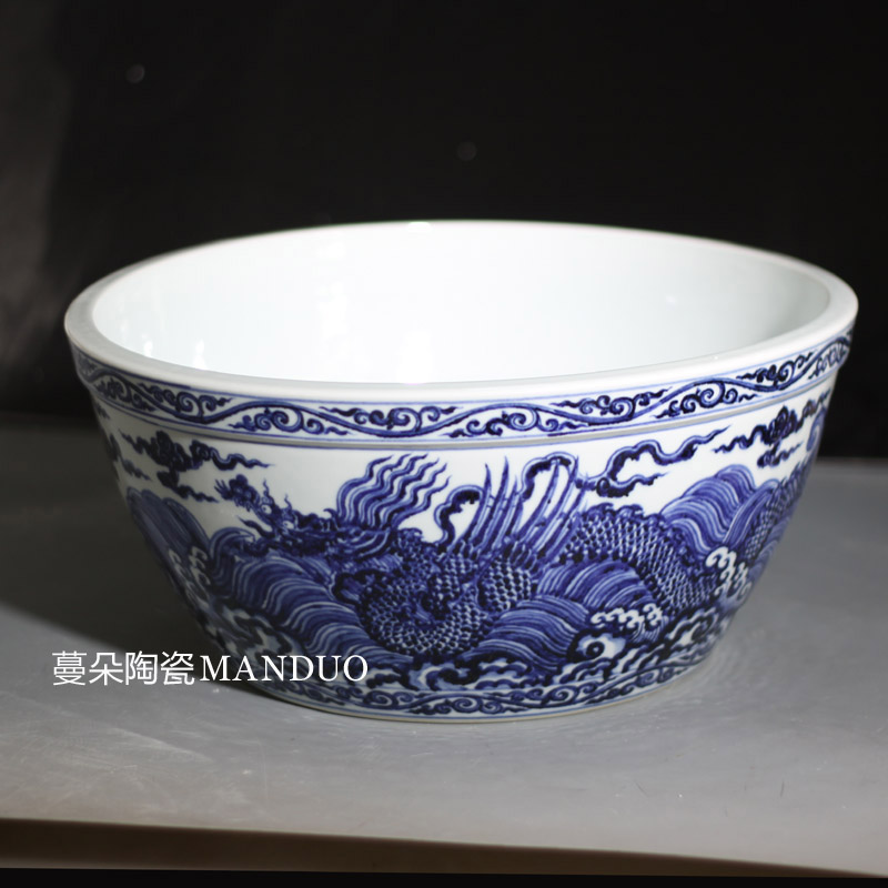 Antique Xuande seawater dragon tattooed large bowl of winged dragon tattooed large bowl Feng Shui Dragon Tattooed Poly Basin-Taobao