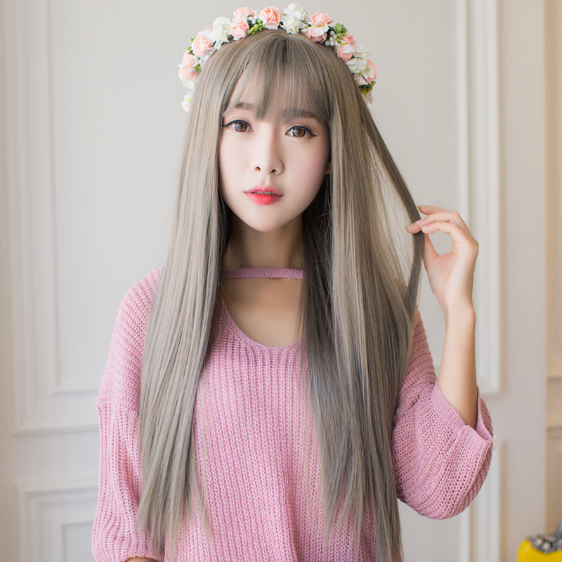 韩国空气刘海假发女长直发青灰色薄长发直发齐刘海全头套自然逼真