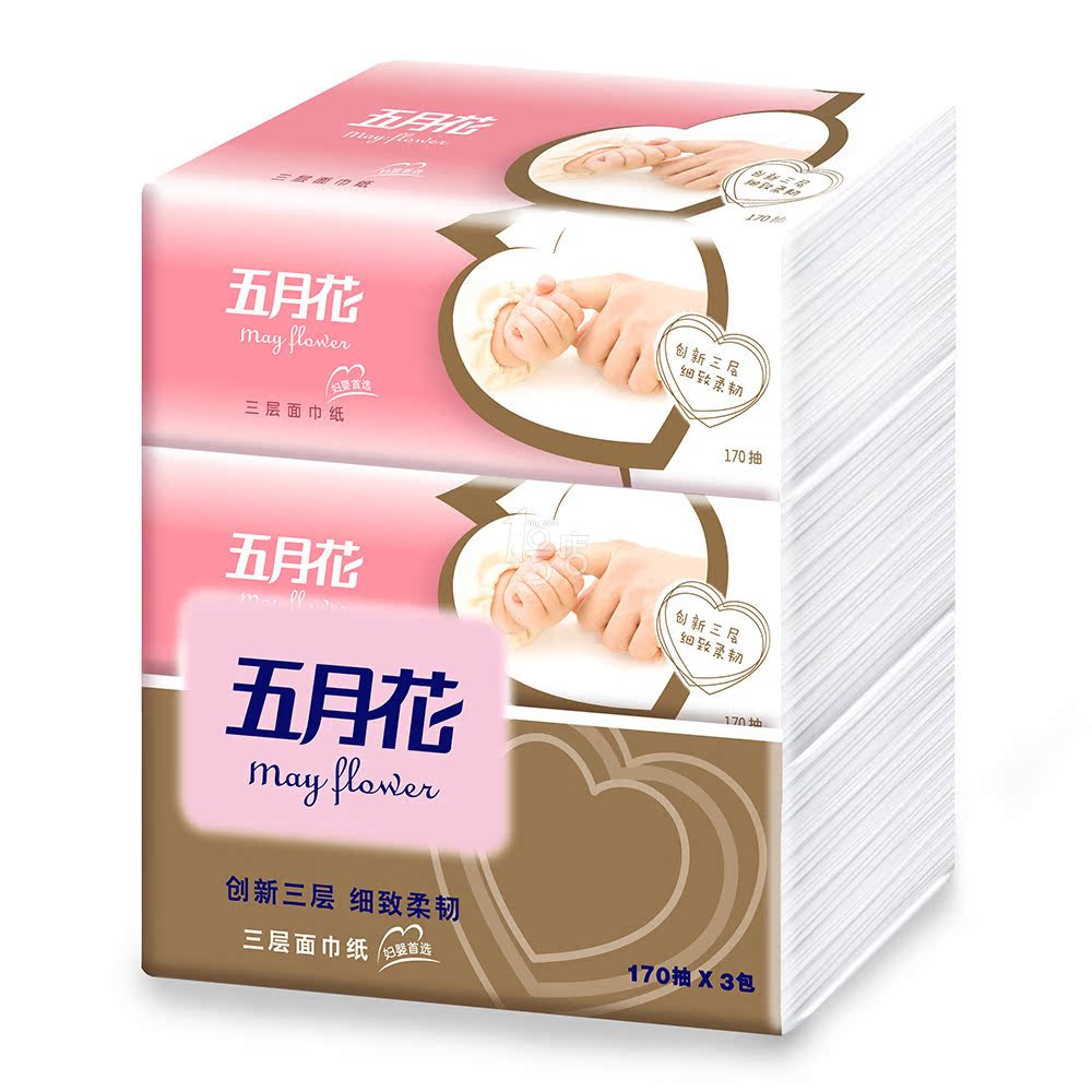 五月花妇婴系列三层抽式面纸170抽*3包 1号店卫生吸水绵柔抽纸