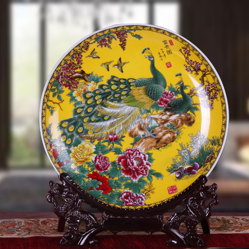 Jingdezhen ceramic Peacock peony rich map hanging plate decoration plate home living room crafts decoration decoration
