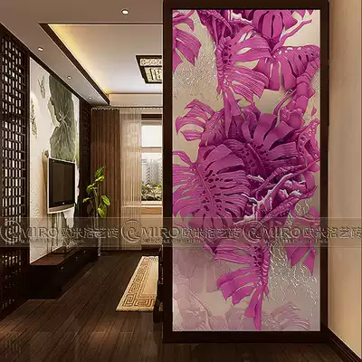 Art glass entrance background wall deep carving painted screen partition tempered craft glass open banana leaf