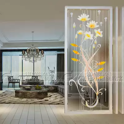 New modern simple art glass screen partition sliding door porch background tempered carved Magnolia orchid