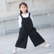 Spring and autumn cotton and hemp childrens bib pants wide leg pants for men and women