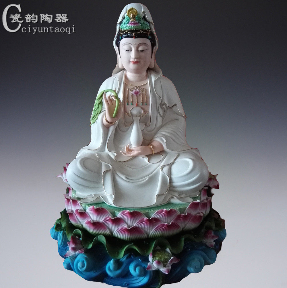 20 inch ceramic color sitting lotus enshrined Guanyin Bodhisattva Buddha statue ornament home town house feng shui Buddhist supplies white porcelain
