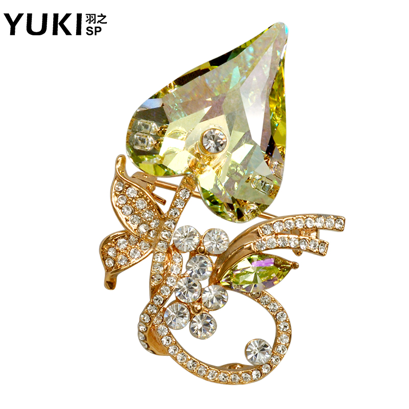 YUKI胸针 女气质胸花 韩国水晶心叶时尚毛衣别针 百搭送情人礼物