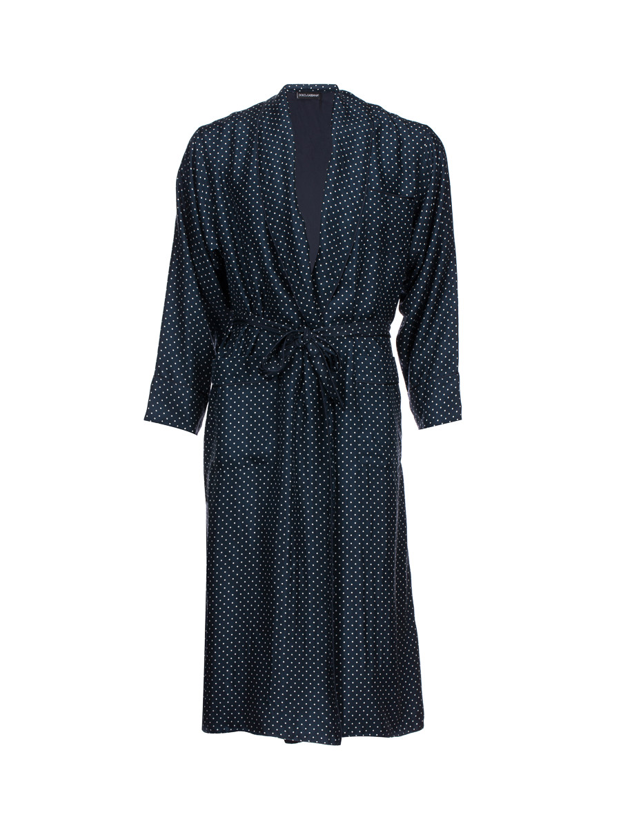 Dolce&Gabbana 蓝色波点饰口袋系带长款家居服