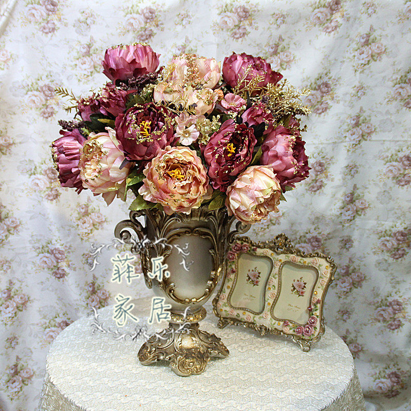 Western European-style simulation bud core sequins peony hydrangea rose fake silk flower home living room decoration large bouquet