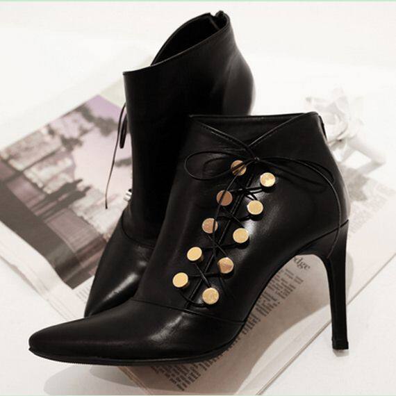 Korea handmade custom sexy name Yuanyuan golden button Butterfly Knot Slim with cow leather and ankle short boots