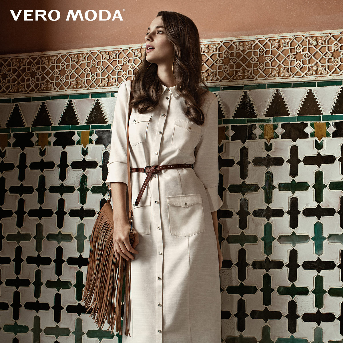 用券后599元Vero Moda实用前兜七分袖素色长款衬衫|316131038