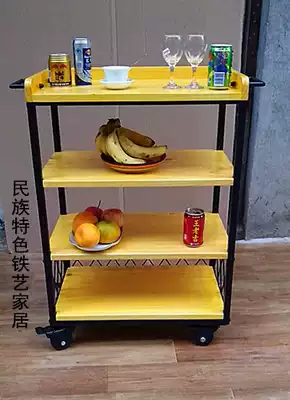 American wrought iron solid wood food delivery truck trolley Mobile coffee hotel service tea cart Kitchen shelf Seasoning