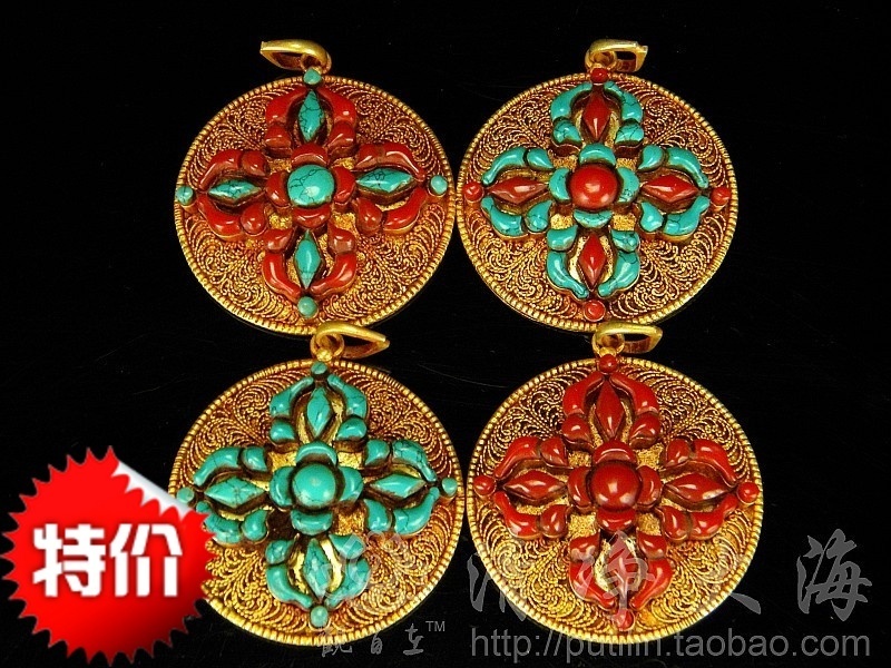 Nepalese sterling silver gilt necklace pendant inlaid with pure original turquoise sea red stone cross vajra