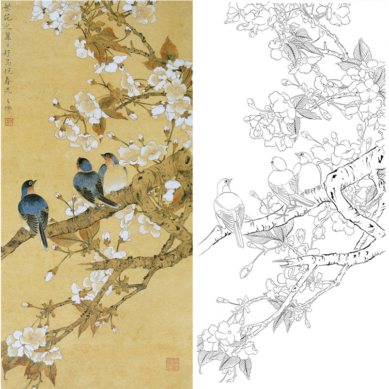 Work stroke white sketching manuscript Chen Zhifo cherry blossom blue nestled original large physical print manuscript 31 *63 with colored pattern 133T