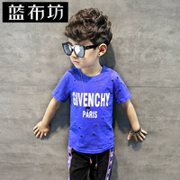 Vải màu xanh vuông quần áo trẻ em cậu bé t- shirt mùa hè 2018 trẻ em mới lỗ một nửa tay t- shirt lớn trẻ em đáy áo thủy triều quần áo trẻ em nam