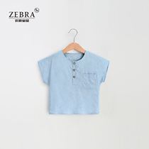 (Discount) childrens short-sleeved cotton and linen literary style summer boy thin shirt shirt top girl short sleeve t-shirt