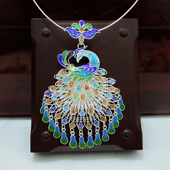 Sijiang Miao Ziao Drawing Inlaid Glaze with Painted Blue Pendant Retro Palace Silver Ornament Big Peacock 7 New Year's Eve Gift