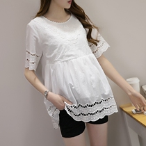 Pregnant women short sleeve top round neck shirt long summer wear white shirt loose cotton embroidered doll shirt