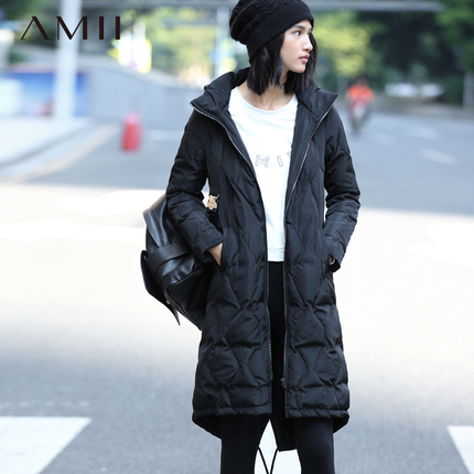 Amii极简艾米女装2015冬装新款翻领抽绳大码修身长款羽绒服女外套