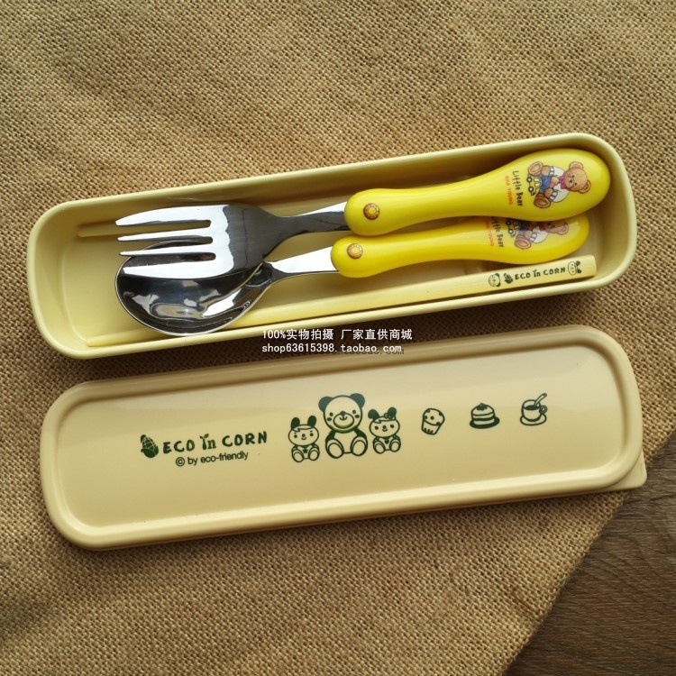 South Korea Imports 304 stainless steel spoon fork Wooden Chopsticks Children Students Corn Cutlery Box Portable Three Suits-Taobao