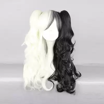 Mcoser anime wig projectile on black white bear girl COS wig half black half white long curly hair