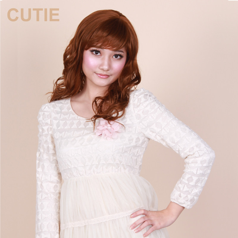 Delicate wig female long curly hair pear flower head oblique bangs hairstyle high temperature silk medium long curly hair wig set female