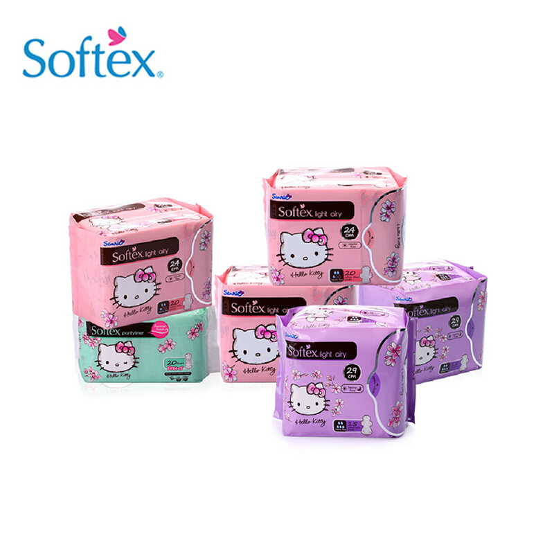 【宁波仓】Softex Hello Kitty无荧光剂卫生巾 日夜用护垫6包组合