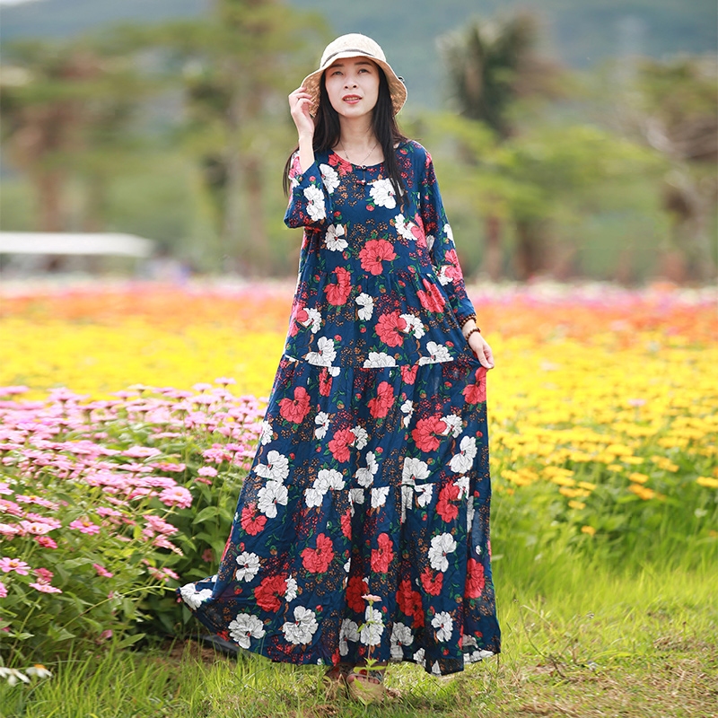 波西米亚连衣裙女2018新款七分袖宽松高腰大摆复古碎花民族风长裙