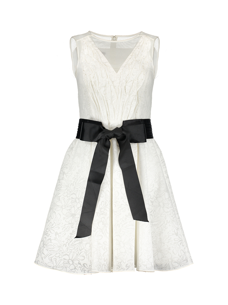 JESSICA 白色亮片褶裥蝴蝶结收腰连衣裙