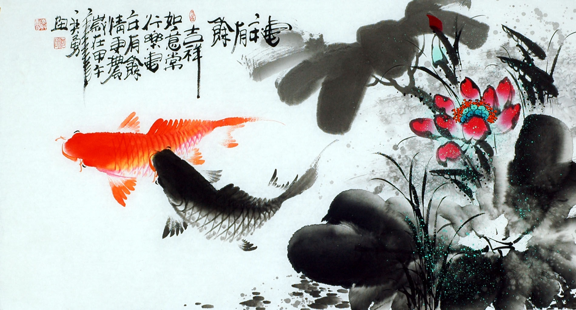 国画水墨荷花鱼纯手绘三尺花鸟画年年有余荷花鱼九鱼图HE182