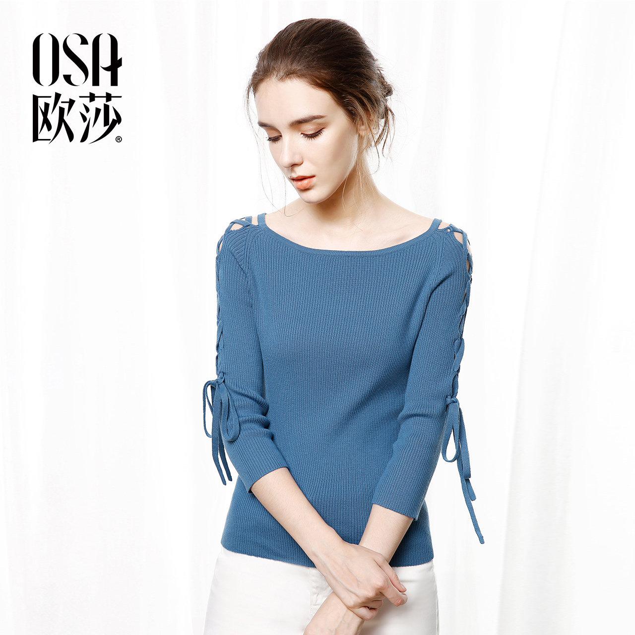 OSA欧莎 2017秋装新款女装打底衫套头圆领一字领上衣长袖针织衫女