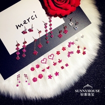 Korea S925 sterling silver ruby earrings female small flowers love zircon crystal long earrings earrings