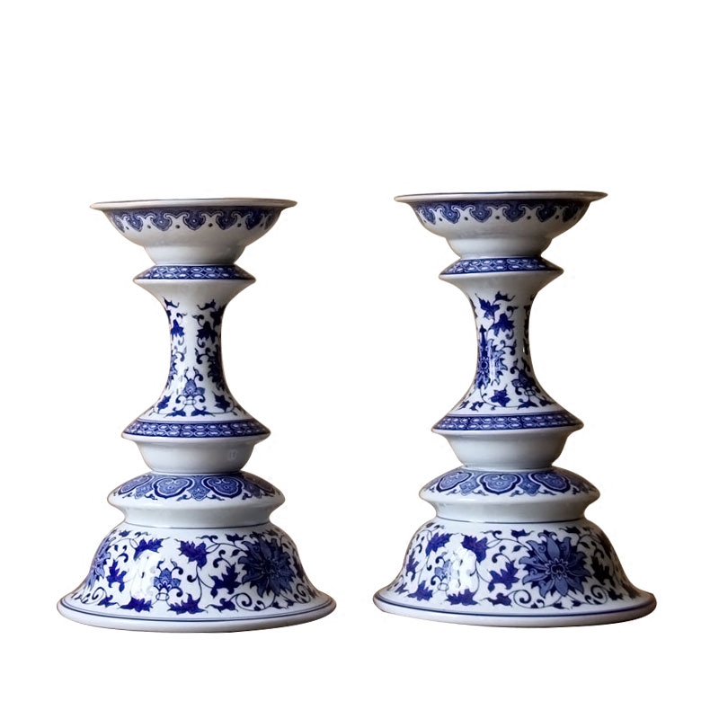Jingdezhen blue and white porcelain high candlestick creative ceramic candelabra handicraft zen ceramic decorative furnishing articles