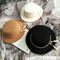 European and American English style retro tassel pearl chain woolen hat wide eaves hat Korean flat top lady hat tide girl