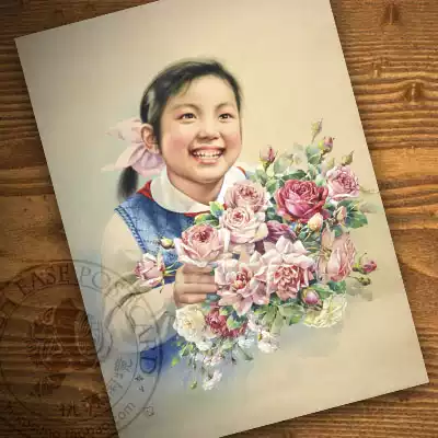 Retro style 60 s Jin Mei Sheng month old year painting blossoming flowers offering hero red scarf children postcard