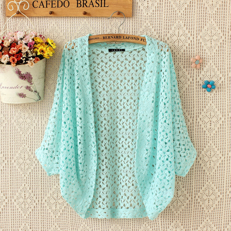 Trendy Lace Thin Cardigan Jacket for Spring and Summer, Loose Batwing Hollow-Out Five-Quarter Sleeve Women's Shawl Mesh Top