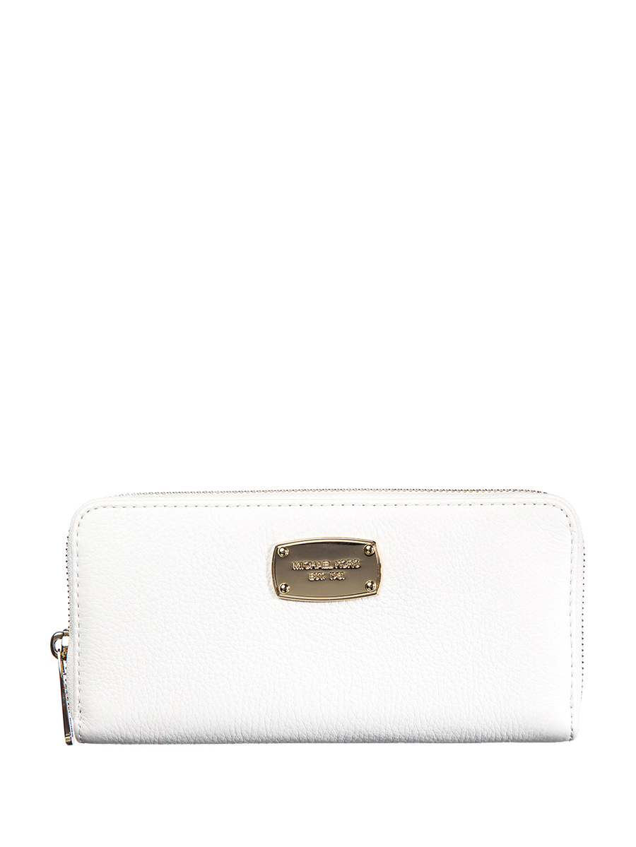 Michael Kors JET SET ITEM系列米白色金属铭牌顶部拉链长款钱包