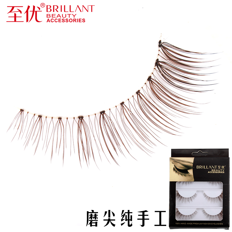 至优纯手工磨尖自然逼真假睫毛浓密棕色无痕透明梗眼睫毛眼尾加长