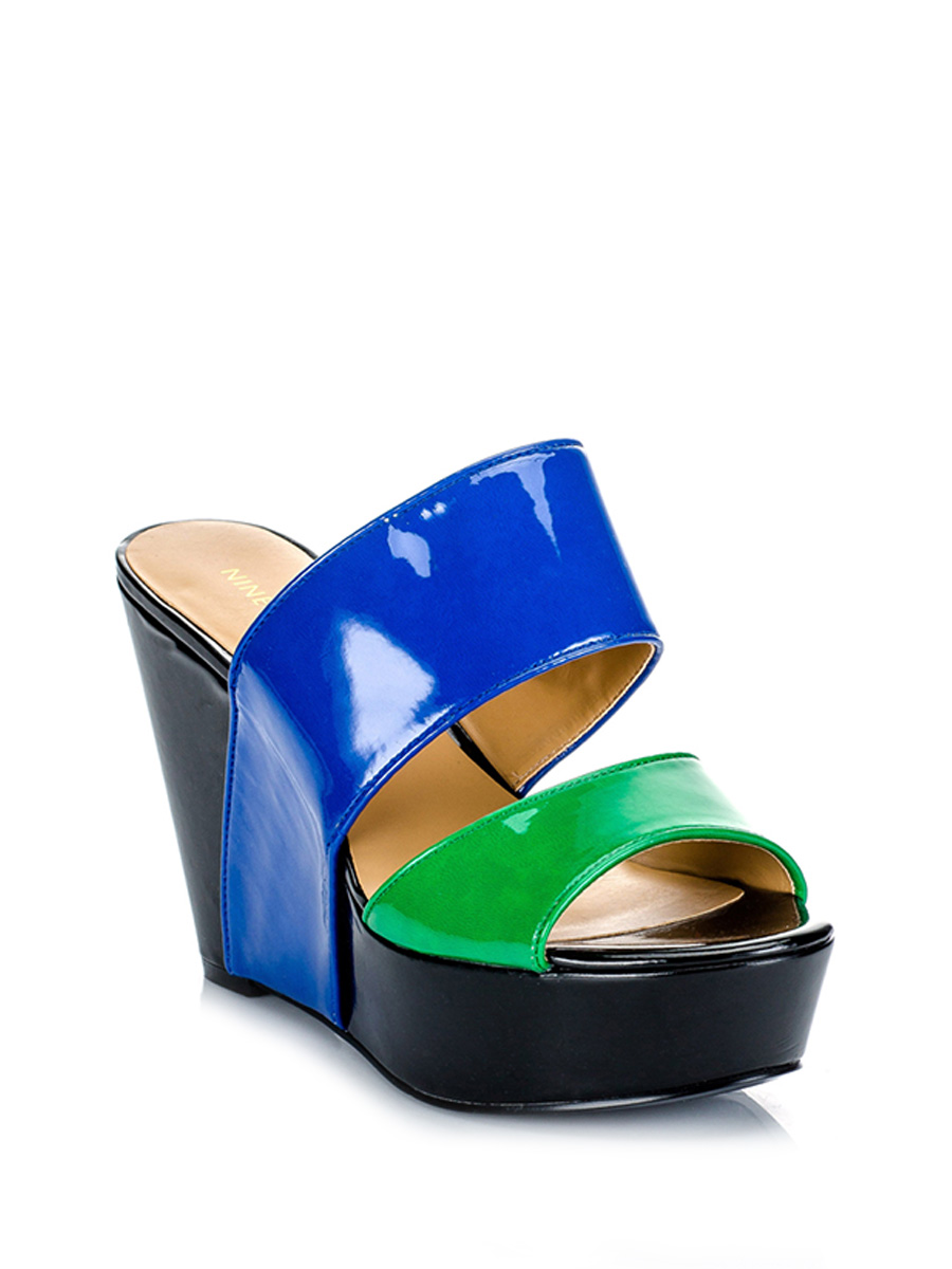 Nine West/玖熙 蓝绿黑光面双横坡跟凉拖