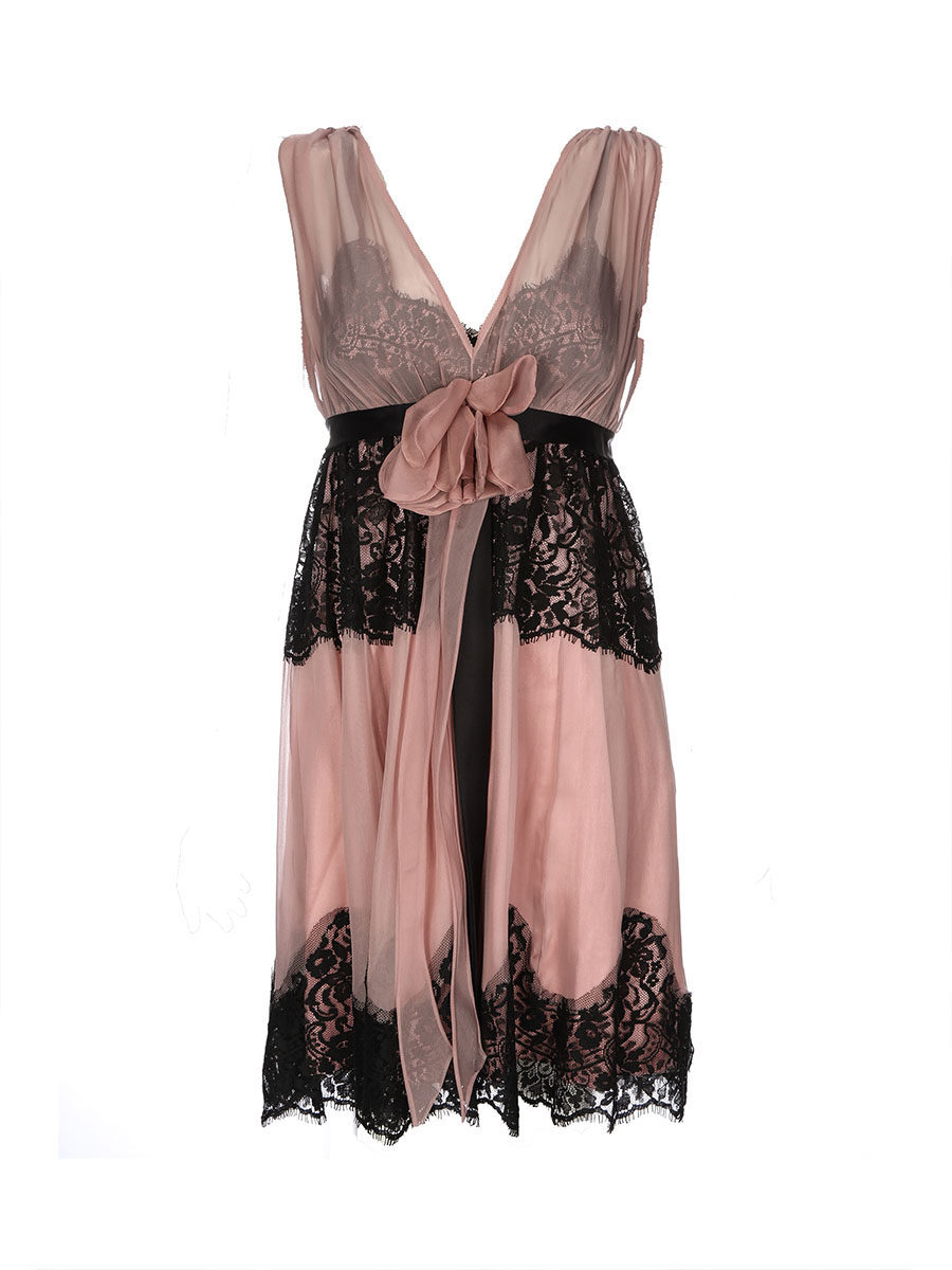 Dolce&Gabbana 深粉色拼黑色蕾丝露背连衣裙