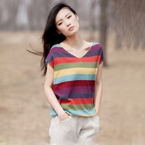 Poetry quality Sqin colorless and tasteless style womens knitwear loose cotton striped short sleeve V-neck sweater