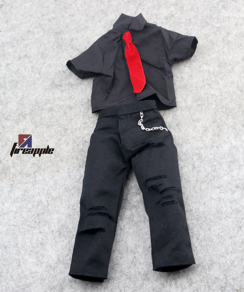 12inch Doll 1/6 Trendy Soldier Accessories Jackson Black Short Sleeve Shirt Red Tie Ripped Trousers
