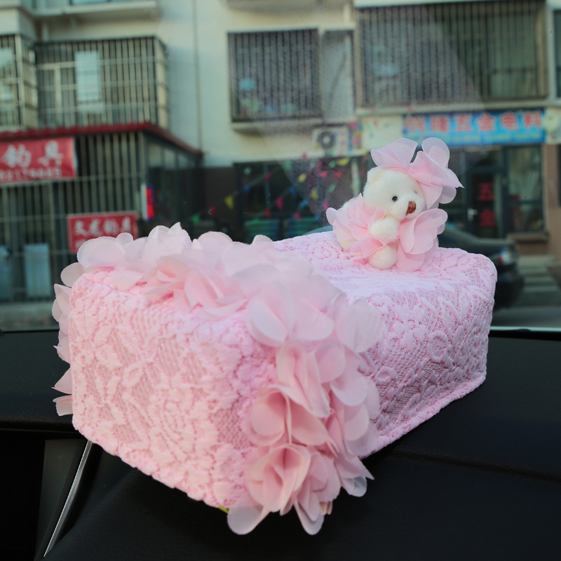 美美熊 可爱蕾丝车用纸巾盒套 车载抽纸盒套 女性汽车用品车内饰