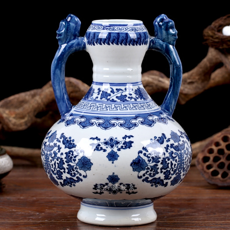 Mesa vase of jingdezhen blue and white ears tie up lotus flower blue and white ceramics modern household decorates sitting room furnishing articles