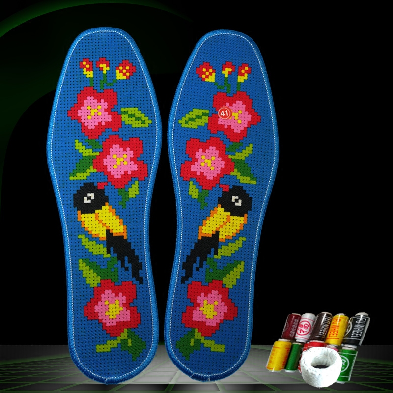 Cross embroidered insole pure cotton male and female pinhole printed cartoon pattern New belt thread needle sucking sweat deodorant semi-finished winter