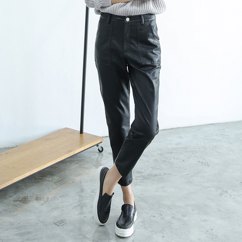 2026 Autumn/Winter New Korean Style Women's Leather Pants Loose Harem Slim Pu Leather Casual Long Pants Nine-Point Pants Trendy