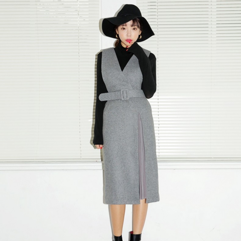 韩国stylenanda官方正品 优雅风琴褶拼接腰带收腰无袖连衣裙-灰色