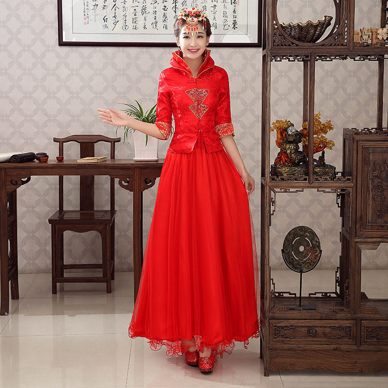 2021 spring and summer new bridal dress red toast dress wedding dress Chinese wedding dress long version retro cheongsam female
