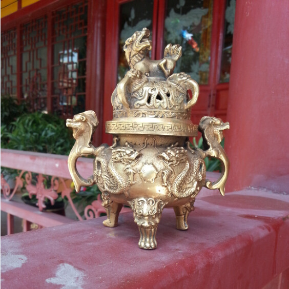 Antique Nine Dragons brass incense burner