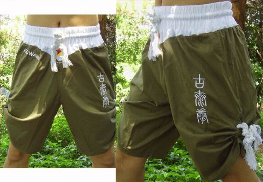 Military green ancient Thai boxing pants embroidered ancient Muay Thai words cotton comfortable super elastic traditional Muay Thai performance costumes